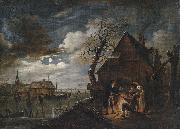 Aert van der Neer Hollandische Kanallandschaft bei Mondschein mit Schlittschuhlaufern und einem Lagerfeuer, an dem sich Bauern warmen oil on canvas